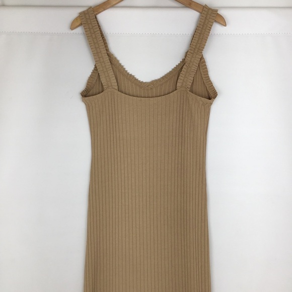 Y2K Ribbed Maxi Tank Dress Bodycon Tan High Slit Ruffle Straps Women’s Size XL - Picture 7 of 10
